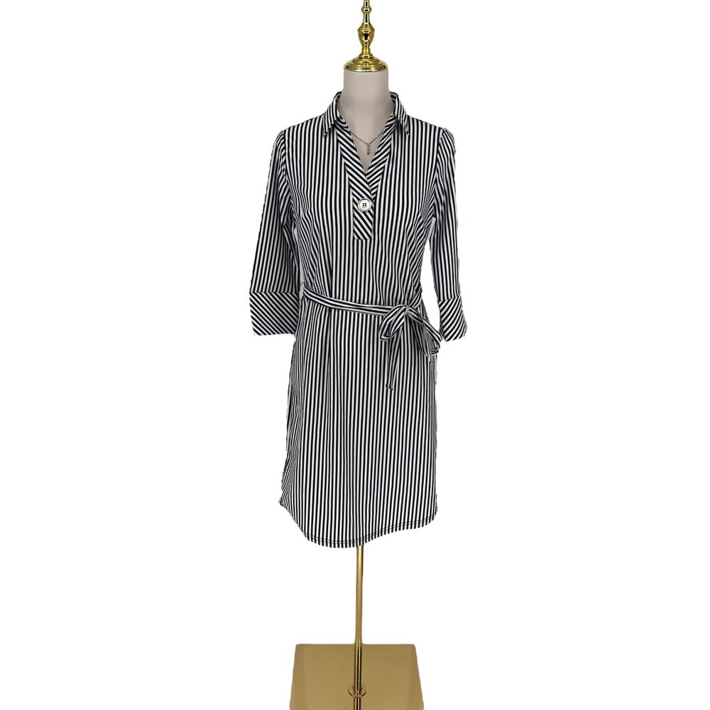Striped Shirt Dress S Black White Belted Mlle Gabrielle Career Office Academia - Picture 2 of 16